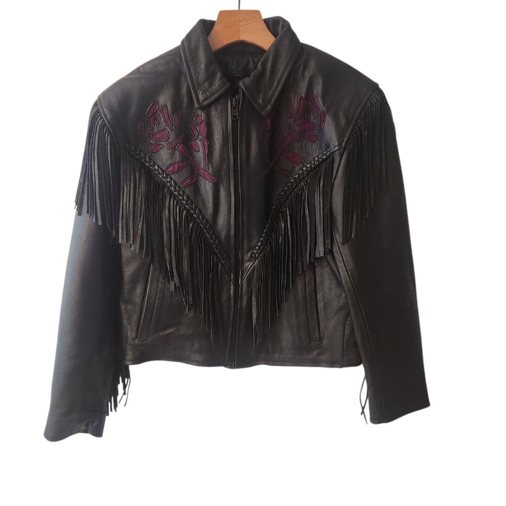 Leather Biker‎ Jacket Black Fringe Purple Rose VTG 80s Jim Leather Inc Medium